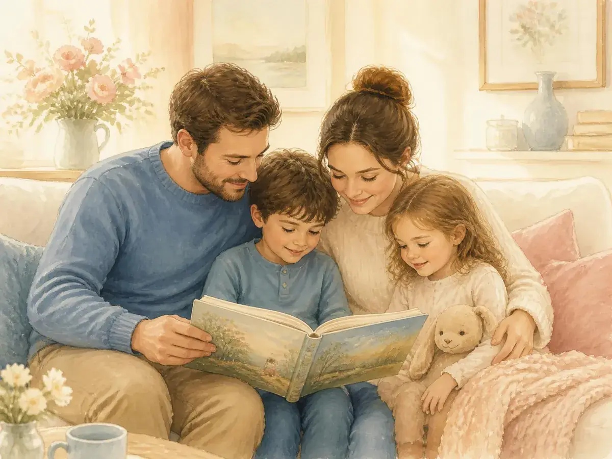 Pai, mãe e dois filhos lendo um livro ilustrado juntos no sofá