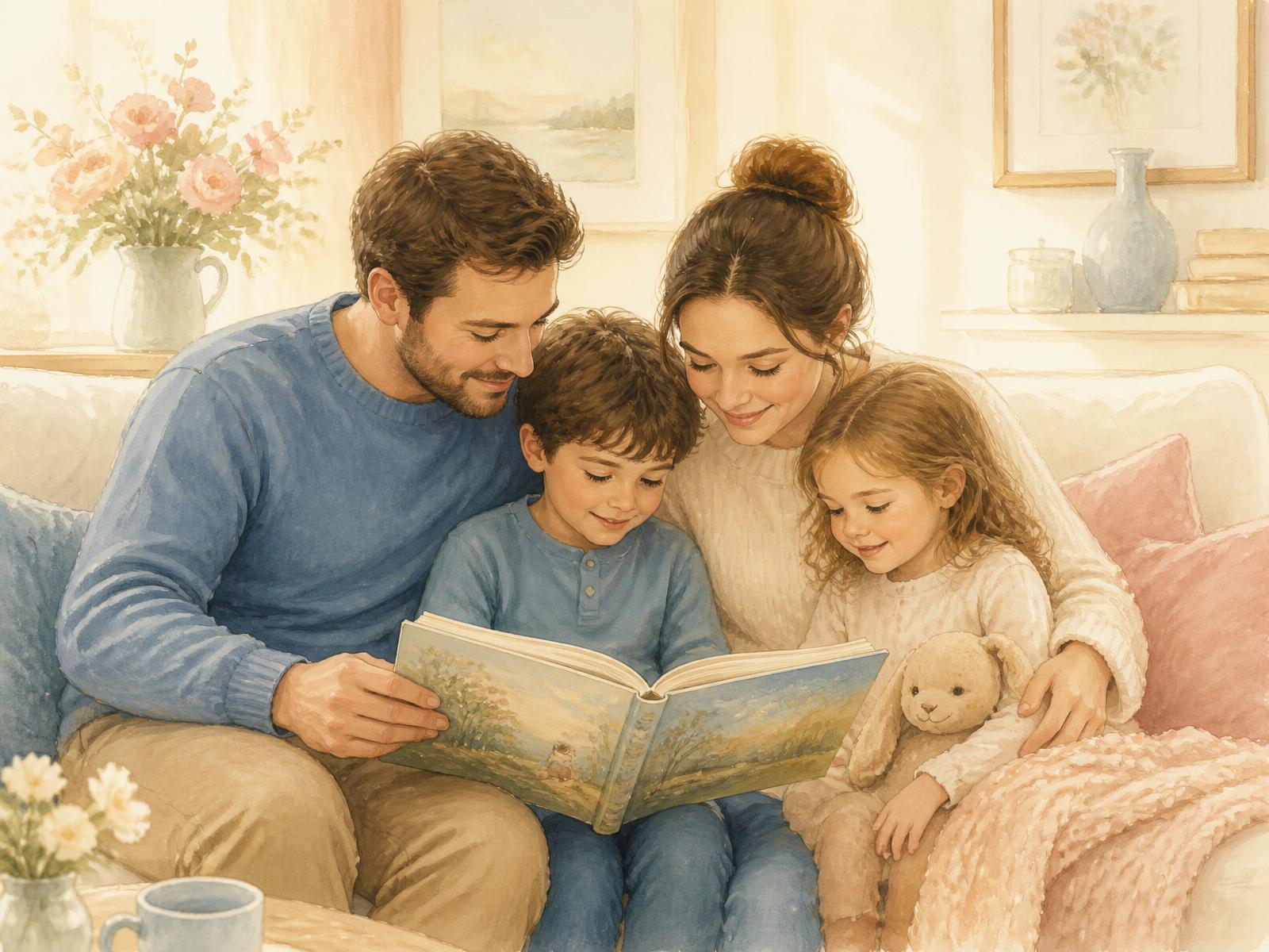 Pai, mãe e dois filhos lendo um livro ilustrado juntos no sofá